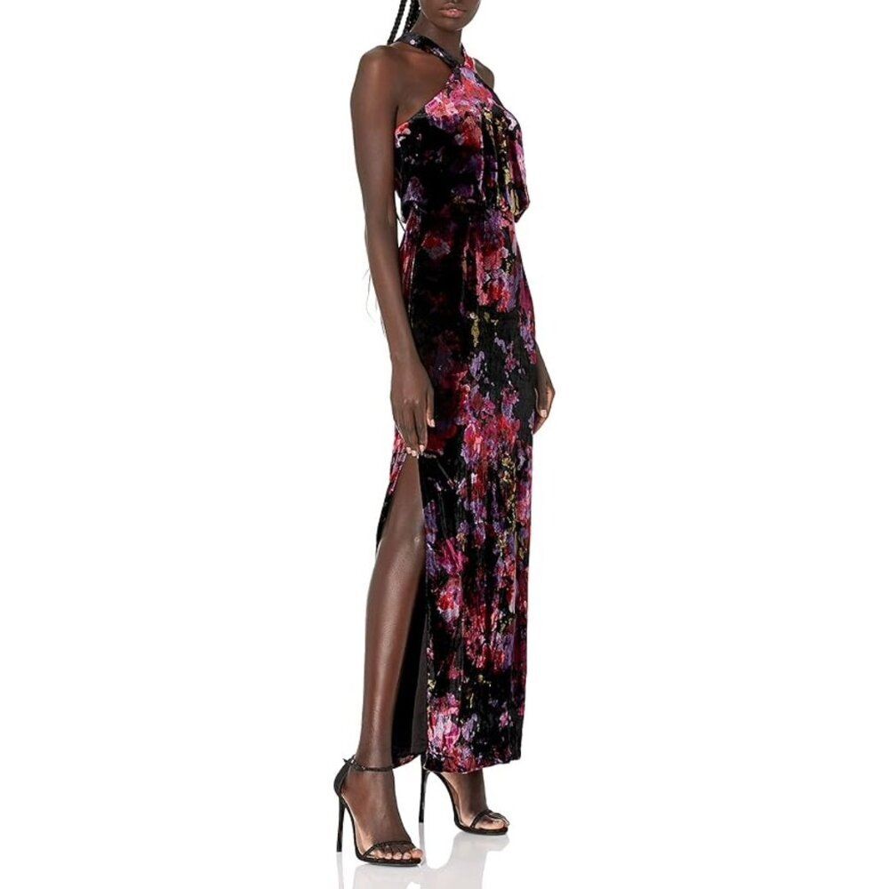 Aidan Mattox Floral Print Velvet Side Slit Hatler Gown Maxi Dress Size 8
